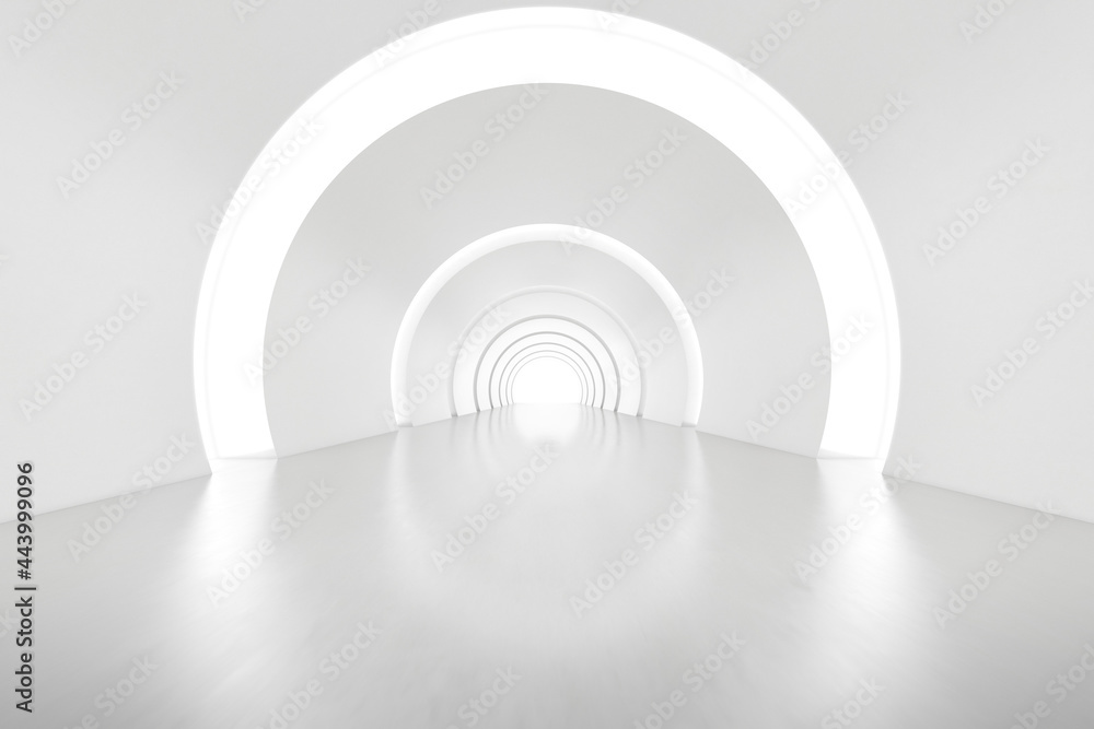 Aufkleber Abstract 3d rendering of empty futuristic arch tunnel room with light on the wall. Sci-fi concept.