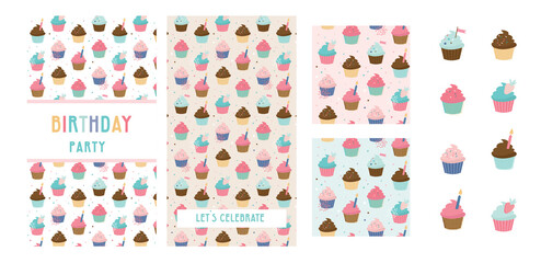 Happy birthday greeting card set and party invitation templates, with ice cream, donut and muffin patterns. birthdy sweets and treats. vector illustration