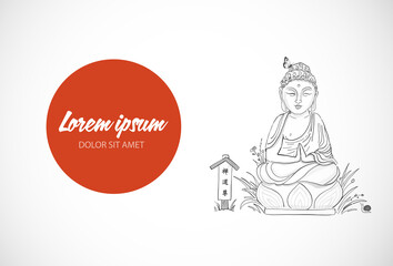 Japanese zen garden composition. Buddha garden statue in grass. Translation of hieroglyphs - noble way. zen