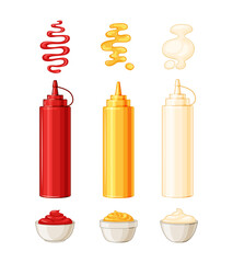 Obraz premium Mayonnaise, mustard, tomato ketchup. Vector illustration sauces in bottles and bowls, with splashes and drops. Cartoon style.