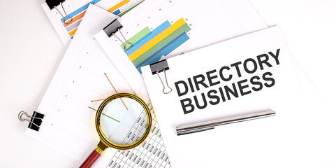 DIRECTORY BUSINESS text on white paper on light background with charts paper