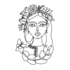 A girl in a wreath of flowers. A butterfly on a braid. Unusual abstract Female Portrait in one line art style. Linear sketch. Outline summer woman face. Fashion t-shirt print vector illustration.
