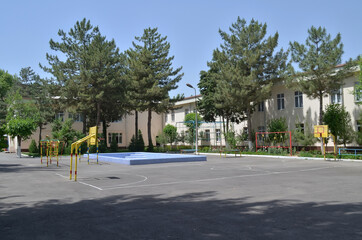 Outdoor children's playground in the kindergarten with a swimming pool