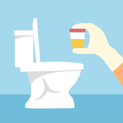 Hand with glove holding urine sample for medical test in toilet background vector illustration.
