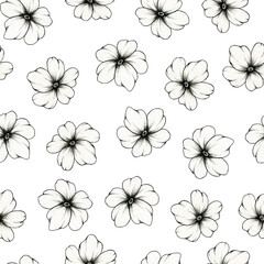 Simple floral surface pattern design on white, botanic seamless background with hand drawn cute flowers, graphic sketch illustration for wedding stationary, greetings, textile, fashion, wrapping paper