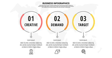 Business vector infographics with three line circles. Timeline visualization with 3 steps for diagram, flowchart, banner, presentations, web, content, levels, chart, graphic