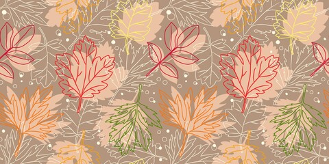 Seamless pattern with contour and silhouettes of autumn leaves on dark beige background. Stylish background, textile, wrap design