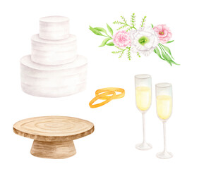 Watercolor wedding set. Hand painted tiered white cream cake, rustic wood cake stand, champagne glasses, gold wedding rings and flower arrangement. Isolated illustration for invitation, save the date.