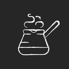 Turkish coffee pot chalk white icon on dark background. Cezve for brewing fresh espresso at home. Kitchen utensils for americano making. Isolated vector chalkboard illustration on black