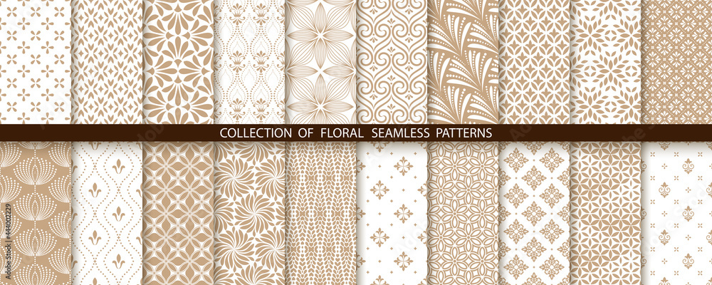 Poster geometric floral set of seamless patterns. gold and white vector backgrounds. simple illustrations