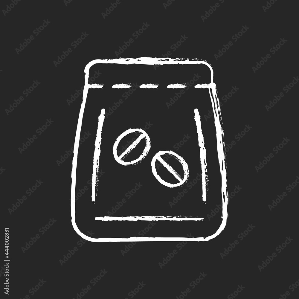 Poster Coffee beans bag chalk white icon on dark background. Package for brewing espresso. Pack with roasted seeds. Coffee shop. Barista accessories. Isolated vector chalkboard illustration on black