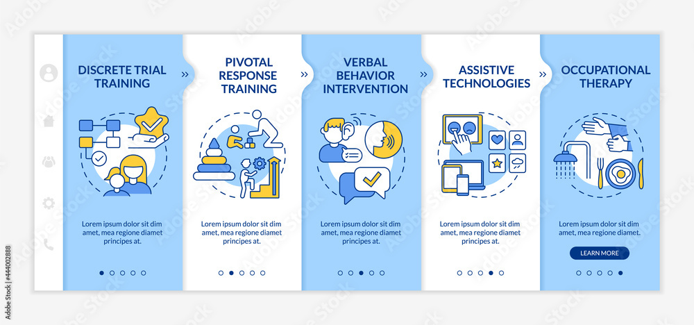 Poster asd therapy approaches onboarding vector template. responsive mobile website with icons. web page wa