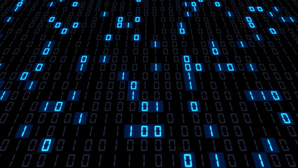 A digital display shows the bits 0 and 1 disposed in cells that are randomly illuminated with a blue light (3d render)
