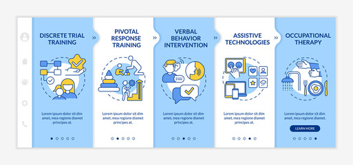 ASD therapy approaches onboarding vector template. Responsive mobile website with icons. Web page walkthrough 5 step screens. Pivotal response training color concept with linear illustrations