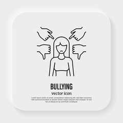 Bullying: the girl is pointed by fingers and by thumbs down. Aggressive behavior. Thin line icon. Vector illustration.