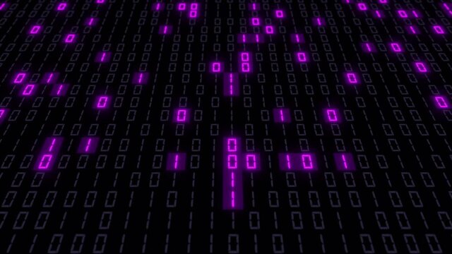 Vertical scrolling of a digital binary code display that constantly changes the status of bits 0 and 1 and randomly turns the cells on and off with a purple light