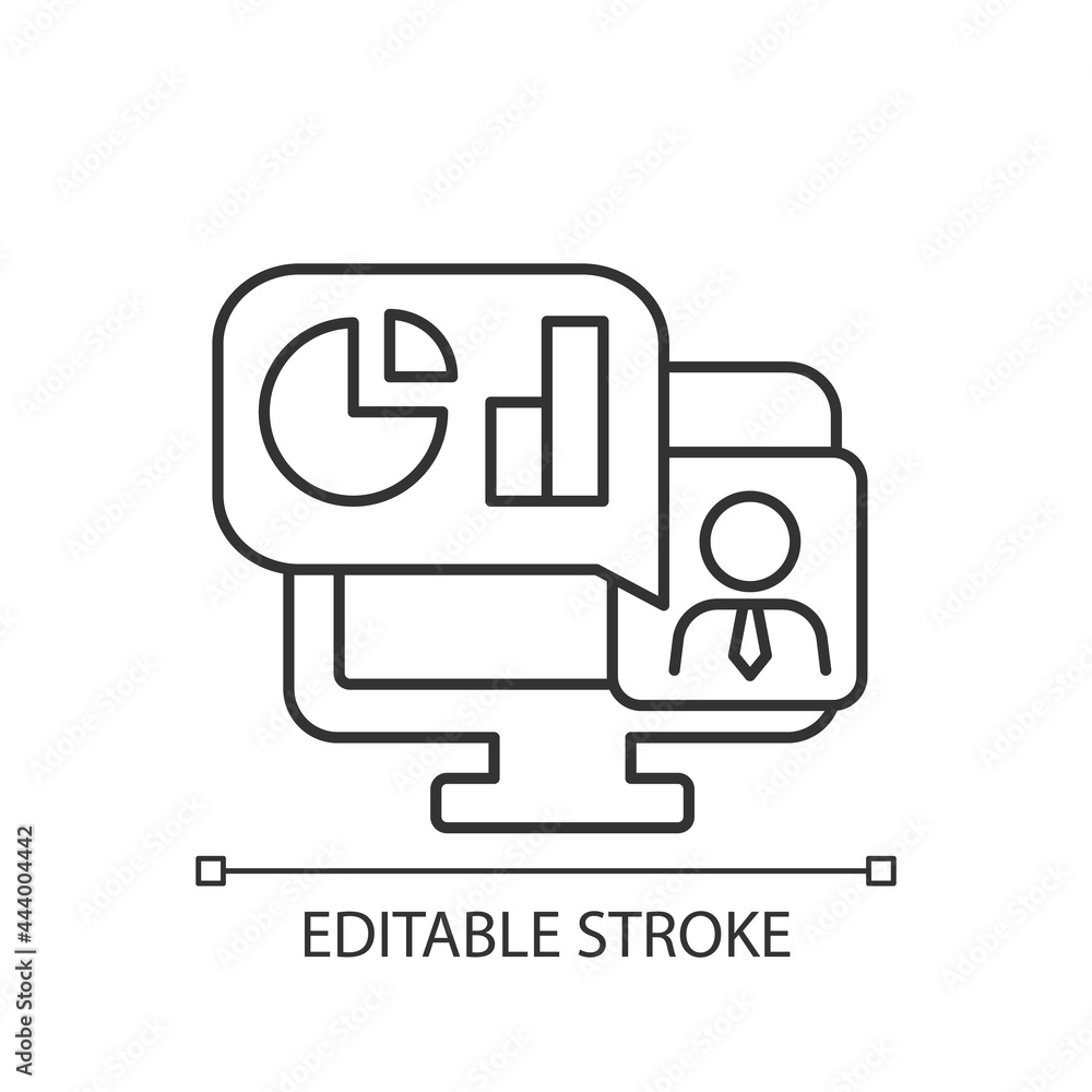 Poster online business presentation linear icon. marketing strategy for virtual call. work monitoring. thin