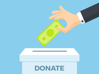 Hand donating money, putting green bill into a donation box vector flat illustration