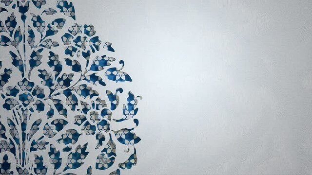 Traditional Islamic design blue Arabic floral ornament on white geometric stars pattern 3D animation. Arabesque graphic decorative paper cut silhouette loop background for Ramadan, Eid ul Adha.