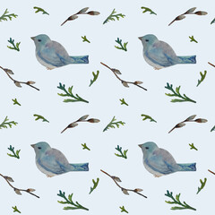 Watercolor seamless pattern with branches, fir branches and birds on blue background.