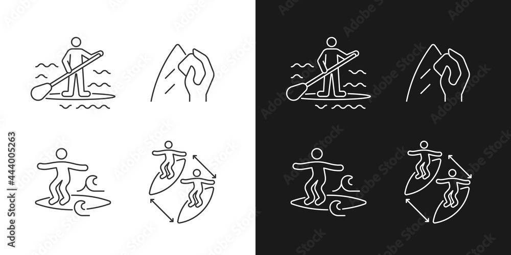 Poster riding waves in ocean linear icons set for dark and light mode. paddle board surfing. surfboard wax.