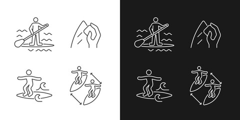 Riding waves in ocean linear icons set for dark and light mode. Paddle board surfing. Surfboard wax. Customizable thin line symbols. Isolated vector outline illustrations. Editable stroke