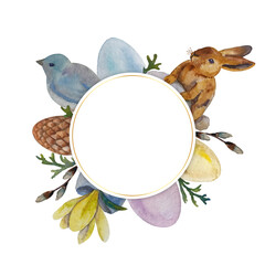 Watercolor vintage Easter symbols with rabbit, birds, eggs and branches. Easter elements on white background.