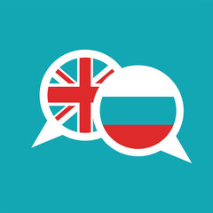 chat speech bubbles with english and russian flags isolated on blue background.