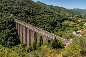 Beautiful aerial view of the ancient Ponte delle Torri bridge, Spoleto, Italy, on a sunny day