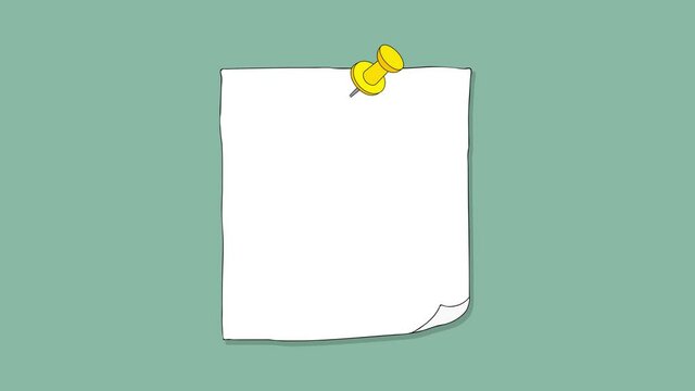 Footage animated illustration of a square white doodle sticky note paper with yellow pin on green gray background in retro style. Design element with copy space