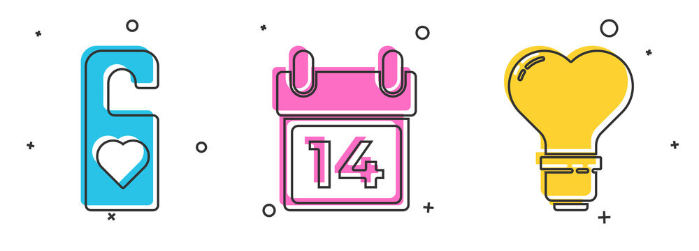 Set Please do not disturb with heart, Calendar with February 14 and Heart shape in a light bulb icon. Vector