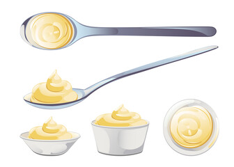 Mayonnaise in metal spoon in catroon flat style. Portion of sauce. Vector design for advertising cheese, dairy products, healthy food.