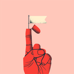 Business negotiations or truce concept with raised red hand with white flag coming out of opened forefinger. Vector illustration - obrazy, fototapety, plakaty