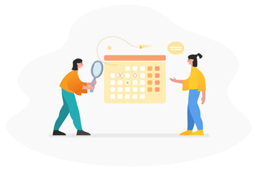 Planning, work schedule, time management. People stand near calendar. Modern vector illustration