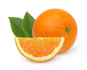 Orange fruit with orange slices and leaves isolated on the white background, cut out.