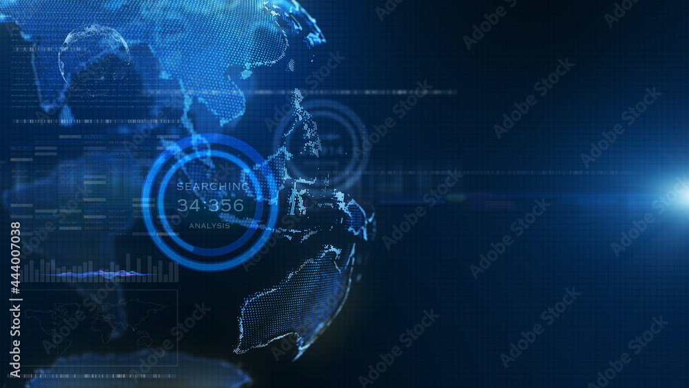 Aufkleber futuristic blue digital hud earth world information hologram user interface background. 3d rendering