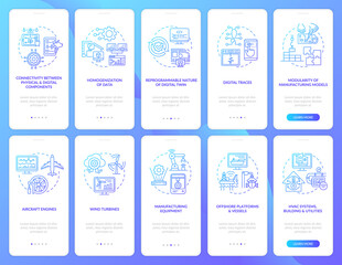 Digital twin onboarding mobile app page screen set. Smart system walkthrough 5 steps graphic instructions with concepts. UI, UX, GUI vector template with linear color illustrations - obrazy, fototapety, plakaty