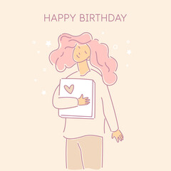 A young girl dressed in modern clothes holds a gift behind her back. Happy birthday poster.