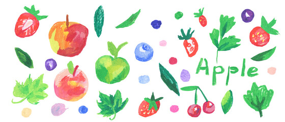 Set of strawberries,cherries,lettering,apple,leaves,twigs in doodle style oil pastels.Collection of illustrations drawn with wax crayons on white isolated background.Designs for packaging,stickers.