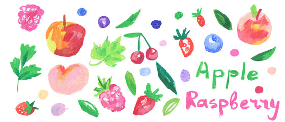 Set of strawberries,cherries,lettering,apple,leaves,peaches in doodle style oil pastels.Collection of illustrations drawn with wax crayons on white isolated background.Designs for packaging,stickers.
