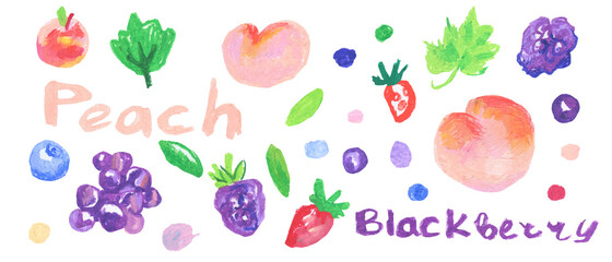 Set of strawberries,cherries,lettering,blueberry,peaches in doodle style oil pastels.Collection of illustrations drawn with wax crayons on white isolated background.Designs for packaging,stickers.
