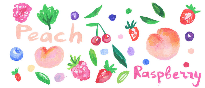 Set of strawberries,cherries,lettering,blackberry,peaches in doodle style oil pastels.Collection of illustrations drawn with wax crayons on white isolated background.Designs for packaging,stickers.