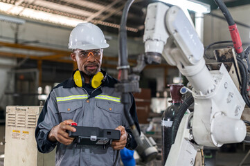 Robotics control engineers setting and maintain spare parts of industrial robot arm controller in...