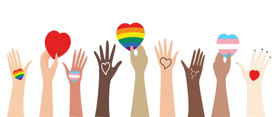 Hands of multi-ethnic people holding hearts. Text Follow love. Different size and color heart shape. LGBDQ+ symbol. Isolated vector illustration on white background