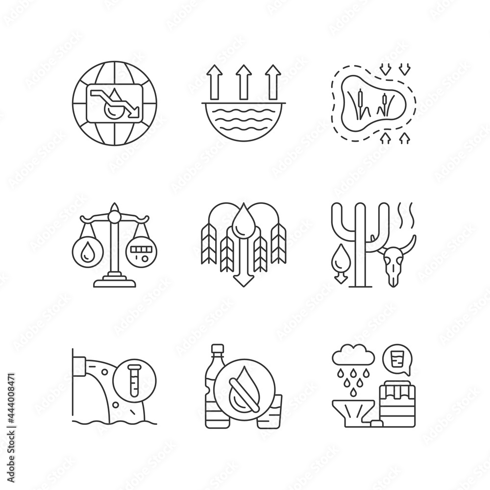 Poster water resources lacking linear icons set. water scarcity. disappearing wetlands. crop shortage. cust