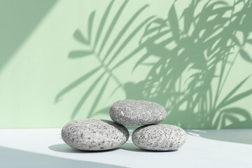 Fototapeta na wymiar A podium made of stones on a gray table against a green wall with a shadow from the leaves of a palm tree. Showcase for product promotion, beauty, natural cosmetic