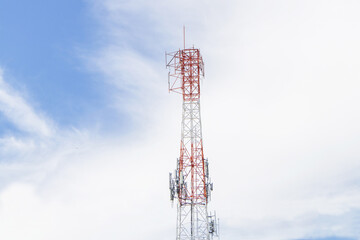 Close-up view of Telecommunication with 5G cellular network tower or Antenna of Communication Building on city and on white sky cloud  background