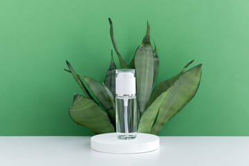 Reusable glass white bottle for oil, cream, lotion or serum on a on a green background with a Sansevieria plant. Presentation of a cosmetic product. Layout of the beauty salon branding