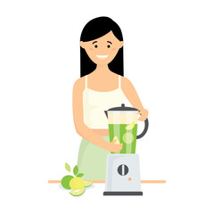 A young smiling girl uses a juicer. Fresh lime smoothie. Flat vector illustration isolated on white background