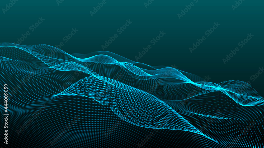 Poster abstract digital background. futuristic wave of dots and weave lines. digital technology. 3d renderi